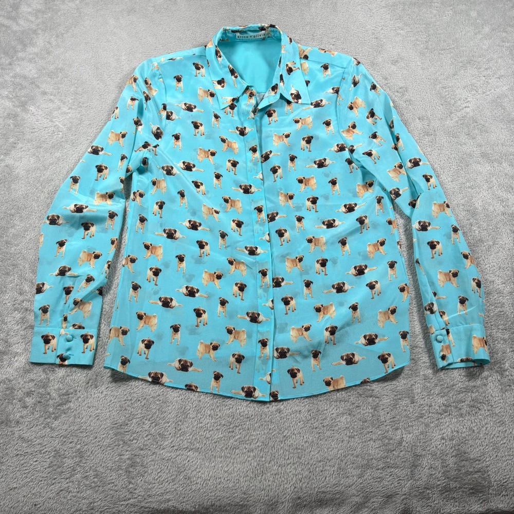 Alice + Olivia Blouse Womens Small Blue AOP Pug Print Silk Long Sleeve Button Up